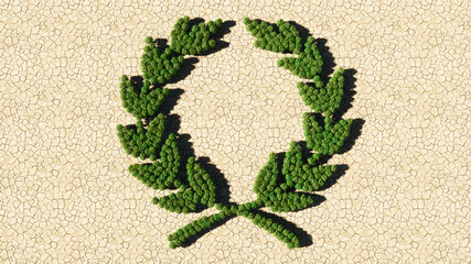 Concept or conceptual group of green forest tree on dry ground background, sign of an laurel wreaths. 3d illustration metaphor for victory, winning, success, achievement, triumph, celebration or royal