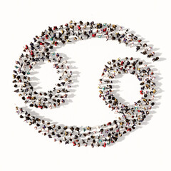 Concept or conceptual large gathering  of people forming an cancer zodiac sign on white background. A 3d illustration symbol for  esoteric, the mystic, the power of prediction of astrology
