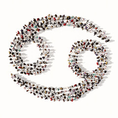 Obraz premium Concept or conceptual large gathering of people forming an cancer zodiac sign on white background. A 3d illustration symbol for esoteric, the mystic, the power of prediction of astrology