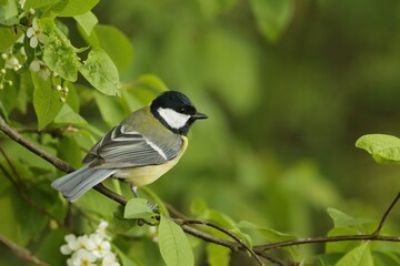Garden bird Great tit (Parus major) sitting on a branch. Song bird sitting on the twig with green leaves.
