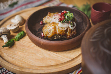 delicious European and Slavic cuisine on the big table waiting for guests. table with food, top view