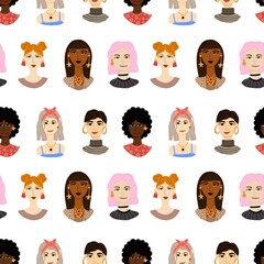 Female portrait seamless pattern. Women trendy faces, modern multi ethnic girls heads, european and african people, contemporary cartoon decor textile, wrapping paper wallpaper vector print or fabric