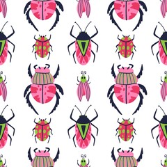 Cartoon beetle seamless pattern. Doodle bright colorful hand drawn bug, beautiful insect white and pink colors modern background, contemporary decor textile wrapping or wallpaper vector print fabric