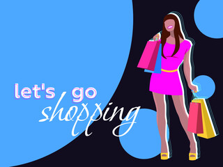 Happy girl goes shopping on neon background