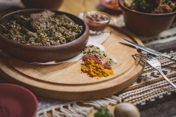 a lot of meat food on the table. Georgian cuisine. top view.