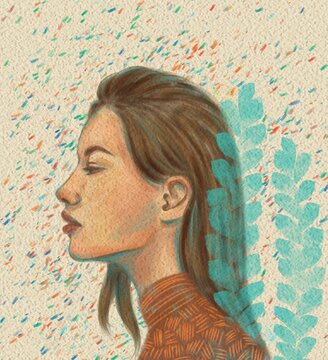 The image of a girl in profile with bright elements and leaves, a bitmap digital imitation of watercolors.