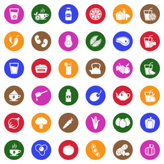Healthy Food And Drink Icons. White Flat Design In Circle. Vector Illustration.