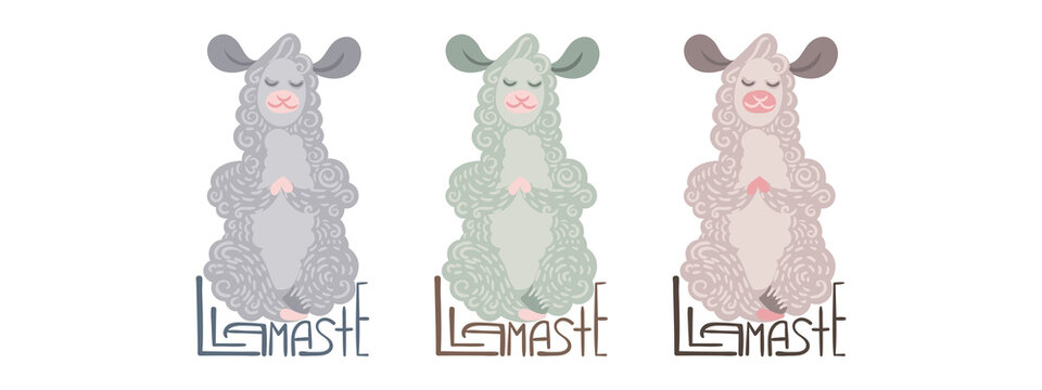 Llamaste. Set of cute curly llamas meditates in the lotus position. Vector illustration with lettering for coloring pages, children and adult prints, baby shower, yoga, health, mind development
