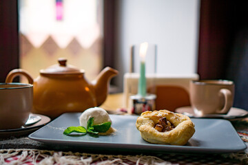Traditional Georgian sweets and desserts with hazelnuts, walnuts, grape juice, honey, chocolate. Baklava, nakhini, churchkhela. Fresh fruits and candied fruits. Traditional Turkish coffee.