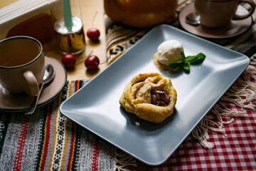 Traditional Georgian sweets and desserts with hazelnuts, walnuts, grape juice, honey, chocolate. Baklava, nakhini, churchkhela. Fresh fruits and candied fruits. Traditional Turkish coffee.