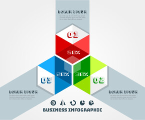 Triangle hexagon shaped 3 step option red green blue color infographic template