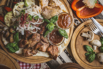 delicious European and Slavic cuisine on the big table waiting for guests. table with food, top view