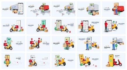 Delivery bundle with people characters, Scooters, Truck, and Smartphone. Online order and couriers delivery at home, global shipping and local distribution, logistics situations. Express delivery