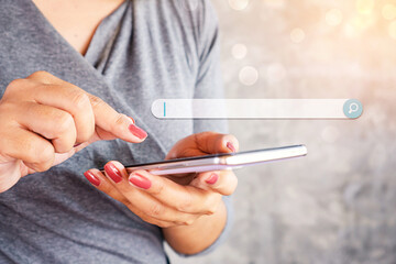 woman hand using smart phone searching, browsing on internet with search bar in background