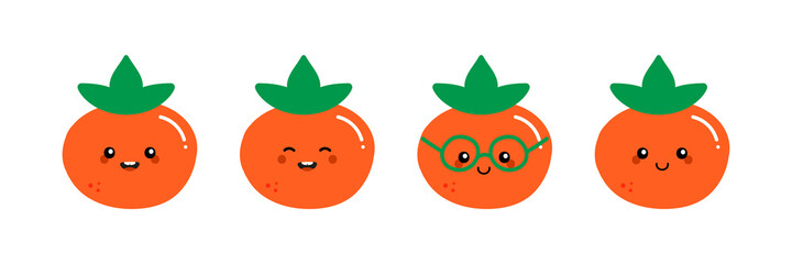 Set, collection of cute and smiling cartoon style orange persimmon characters for healthy food, vegan lifestyle design.