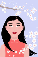 Young attractive Japanese girl, Asian girl with long black hair on the background of branches of cherry blossoms, cherry trees. Spring, summer image of a happy woman. Vector graphics.