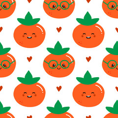Cute and smiling cartoon style orange persimmon characters and hearts vector seamless pattern background.