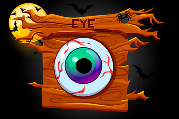 Game eyes icon, wooden banner and scary night.
