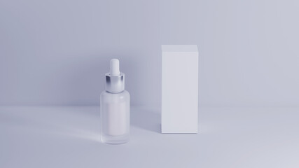 Glass cosmetic bottle mock-up with box. Serum bottle on a light background. 3d-render