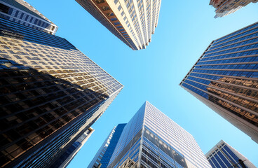 Fototapeta na wymiar Looking up at Manhattan high rise buildings, New York City, USA.