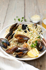 Pasta with mussels. A traditional dish of Mediterranean cuisine.