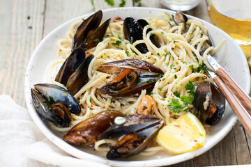Pasta with mussels. A traditional dish of Mediterranean cuisine.