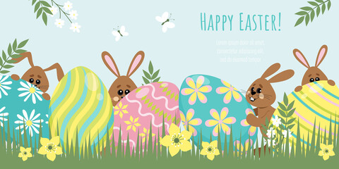 Banner template with Easter eggs and bunnies. Congratulations on Easter Day.