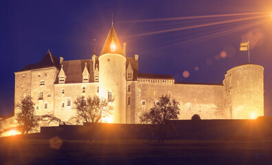 Stronghold Chateau de Chateauneuf in Loire Valley in night lighting