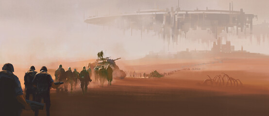 A group of armed forces walking in the desert. In the distance is a huge alien mothership floating in the air. 3D illustrations and digital paintings.