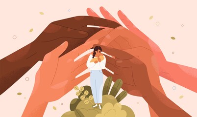 Concept of support and protection of young single mothers with babies. Help hands and assistance of family and society for moms with children. Happy safe motherhood. Colored flat vector illustration