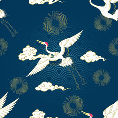 Seamless Art Japanese Repeat Pattern of Flying Crane in Different Poses Flapping Wings with Moving Clouds, Firework Icon on Blue Water Wave Repeat Pattern Background Vector Design Wrapping Paper