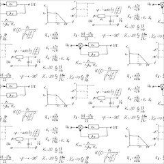 Physics, electronic engineering, mathematics equation and calculations, endless hand writing. Vector whiteboard. Scientific seamless pattern.