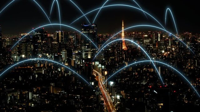 東京とネットワーク　スマートシティ夜景　5G通信
