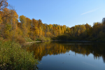 Tranquil autumn landscape with colorful forest, that reflects in the lake