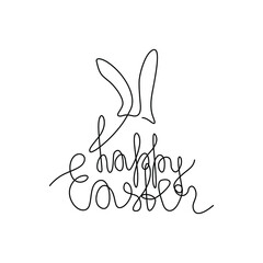 Happy Easter logotype. Lettering Happy Easter with rabbit ears for greeting card, invitation template.  Continuous line drawing, hand lettering, print for clothes, isolated vector.