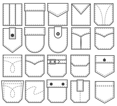 Set of pocket patches. Outline elements for uniform or casual style clothes, dresses and shirts. Line vector illustration on white background