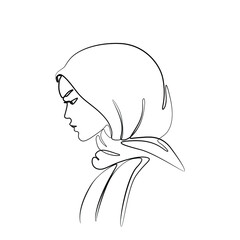 Modern fashion hijab girl, continuous line drawing, women wearing hijab scarf, abstract portrait, Vector illustration. Print and logo design.