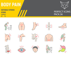 Body pain color line icon set, body ache collection, vector graphics, logo illustrations, body pain vector icons, illness signs, filled outline pictograms, editable stroke.
