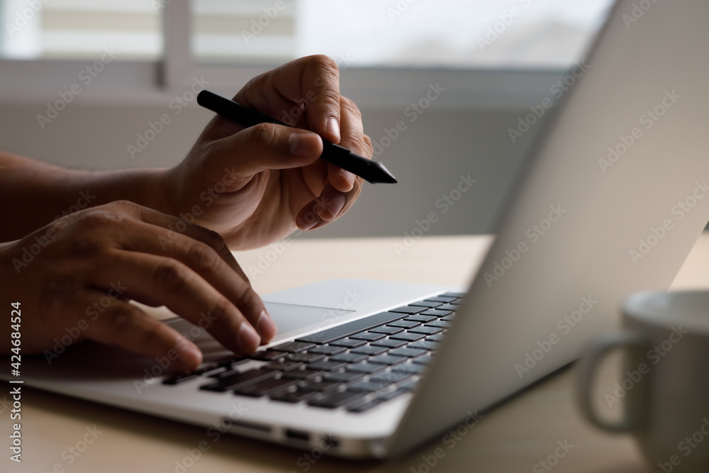Poster businessman using searching browsing internet of things (iot) internet network for searching browsin