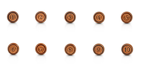 the numbers from one to ten carved in round pieces of wood are isolated on a white background with...