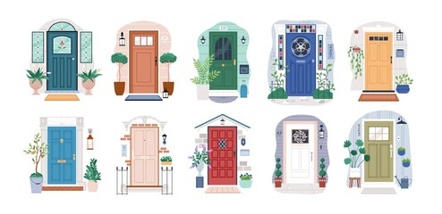 Fototapeta premium Set of different house entrances, porches and closed doors. Entries to apartments with potted plants, mats, lamps and letterboxes. Colored flat vector illustration isolated on white background