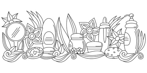 Body and face care horizontal border, for skin care or beauty. Cosmetic bottles. Organic natural ingredients. Dispenser, pump bottle tube packaging.