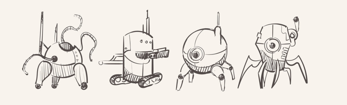 Different fancy robots, hand drawn sketch sci fi