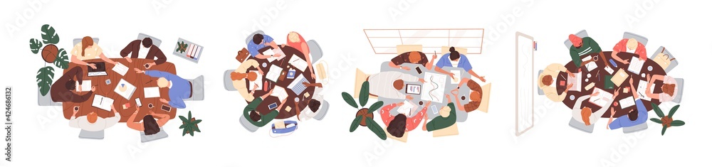 Poster top view of teams working together at conference tables. set of people during brainstorming, work or