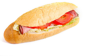 Sandwich with bacon and vegetables on white background