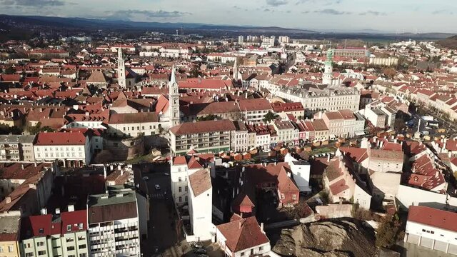 Cinematic aerial drone footage of the charming quaint historical inner city, downtown of Sopron, a major tourist destination in Győr-Moson-Sopron County, Western Transdanubia in Norhwestern Hungary