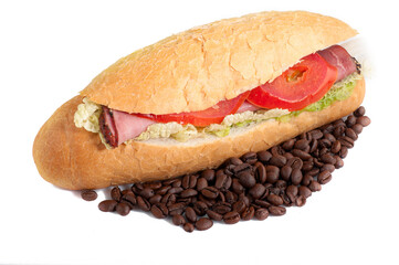 Sandwich with bacon and vegetables and coffee beans on white background