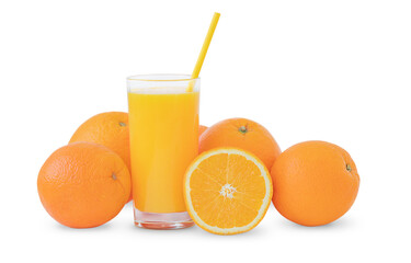 A glass of orange juice surrounded by oranges isolated on white background