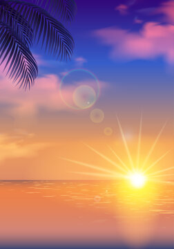 夕方の海と太陽とシルエットの椰子の木のベクターイラスト背景(風景、縦)