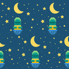 Fototapeta premium Vector seamless pattern with sleeping cactus in a pot, moon and stars. Excellent for printing on fabric or paper.
